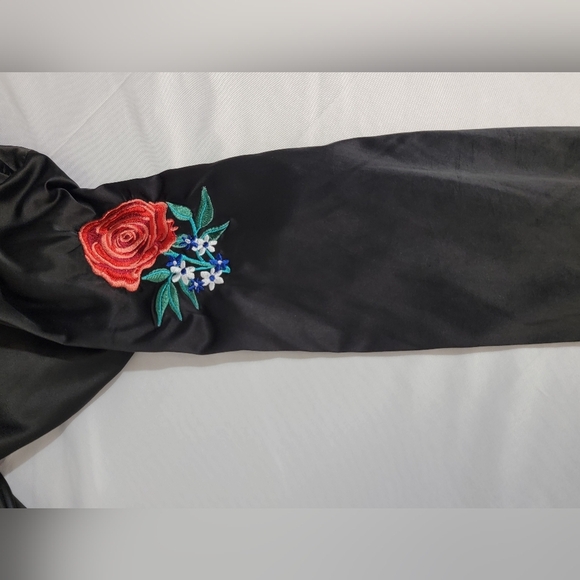 Say What? Black Bomber Jacket with Red Floral Embroidery Womens Size Small - Picture 8 of 12